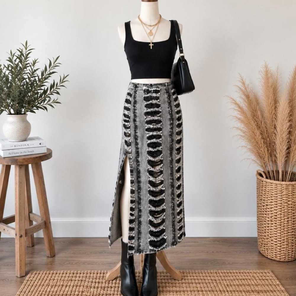 Distressed Black/Gray Denim Midi Skirt – Size XL